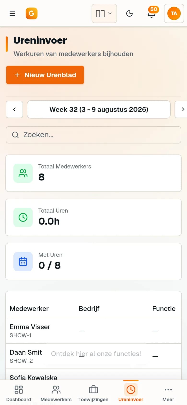 Urenoverzicht van het bureau op de telefoon