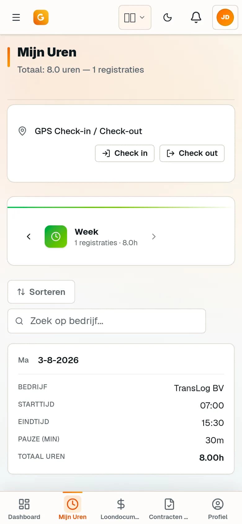 Urenregistratie van een uitzendkracht op de telefoon